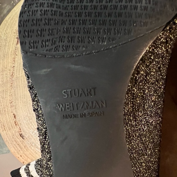 STUART WEITZMAN Waverly Sock Booties Black and Gold Glitter w/Stripe Top sz. 9.5 - Picture 8 of 8